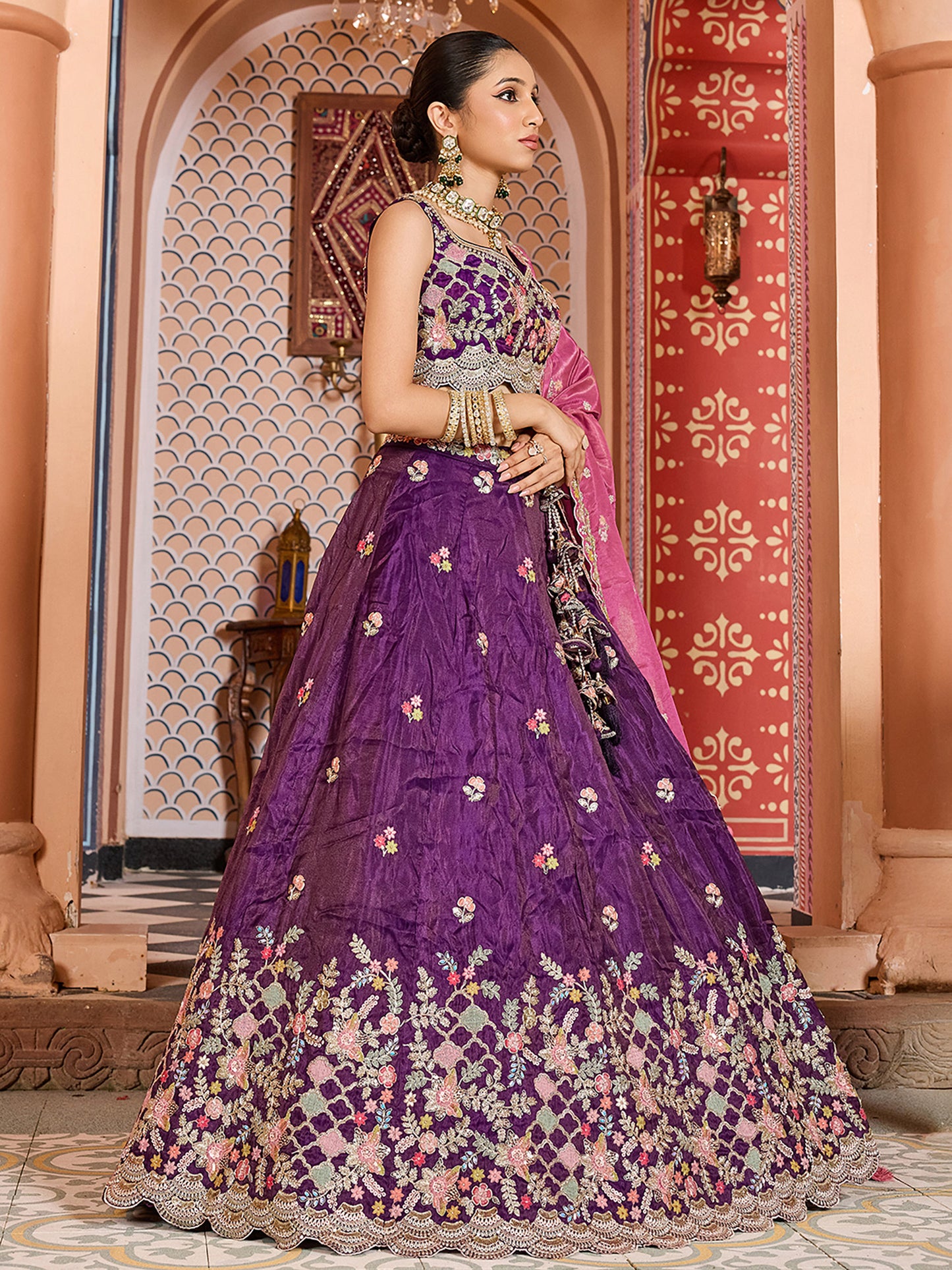 Purple Tissue Sequins embroidery Bridesmaid Lehenga Choli