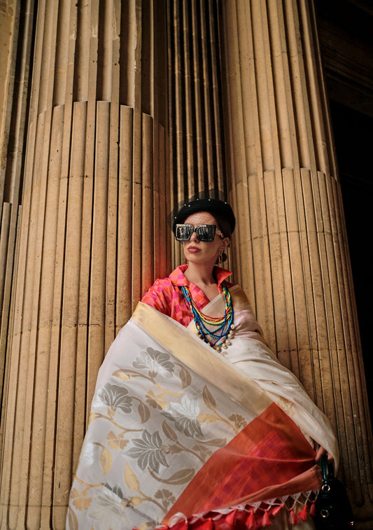 Off white Kube Soft Silk Handloom Saree