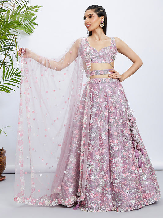 Mauve Organza Sequins, Zarkan and thread embroidery Lehenga