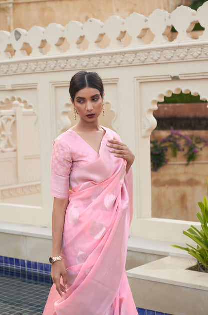 Light Pink Kevaah Linen Woven Saree