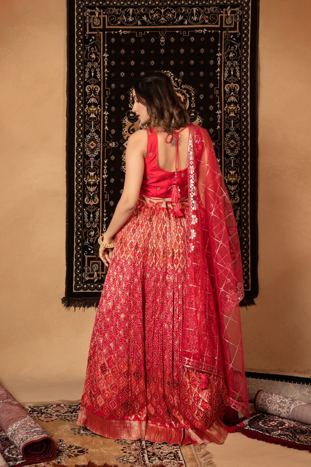 Magenta pink crepe silk lehenga choli with zardozi and mirror work