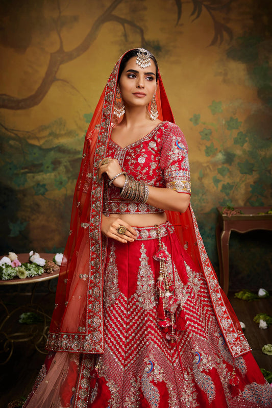 Red Pure Silk Moti & Zarkan heavy embroidery Lehenga