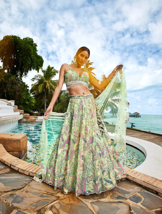 Lime Green Organza Sequins and Mirror embroidery Lehenga