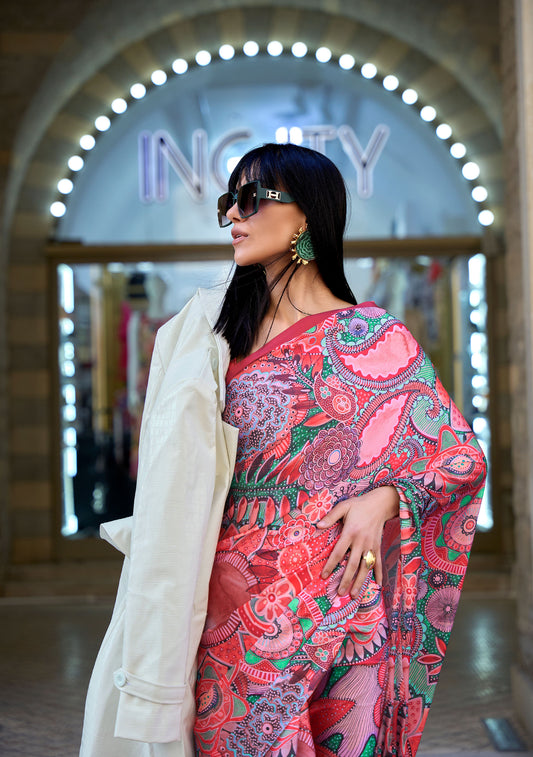 Pink Multi Pattern Klora Satin Crepe Digital Print Saree