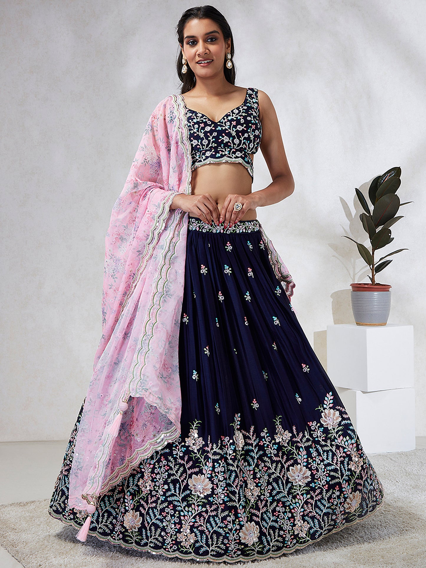 Navy Blue Georgette Sequins, Mirror and thread embroidery Lehenga