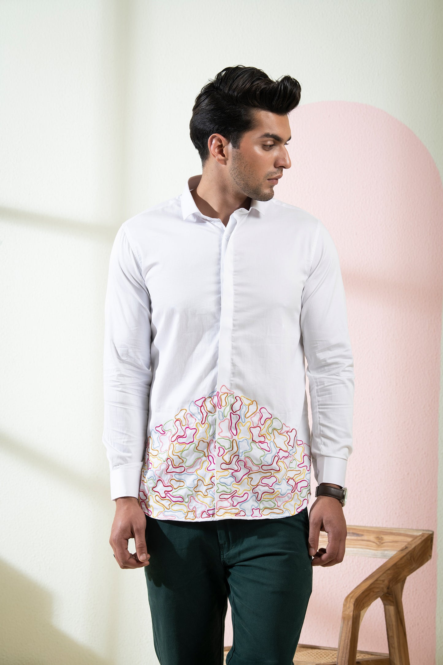 White Cotton satin Rainbow Shirt