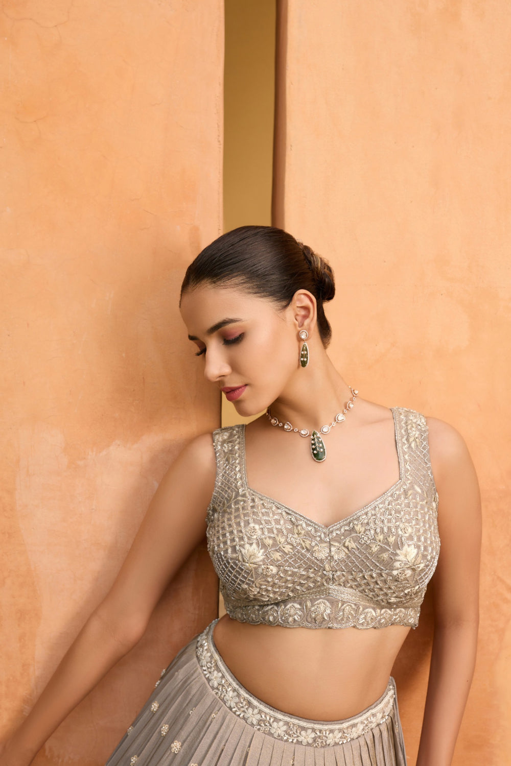 Light taupe silk lehenga choli with thread embroidery and sequins work