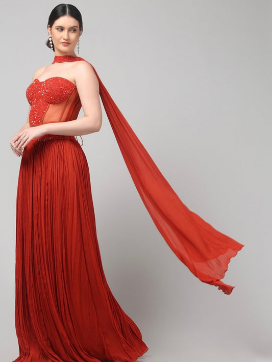 Rust Orange Corset Pure Chinnon Cutdana & Sequence Hand Work Party Wear  pleated Skirt & Dupatta