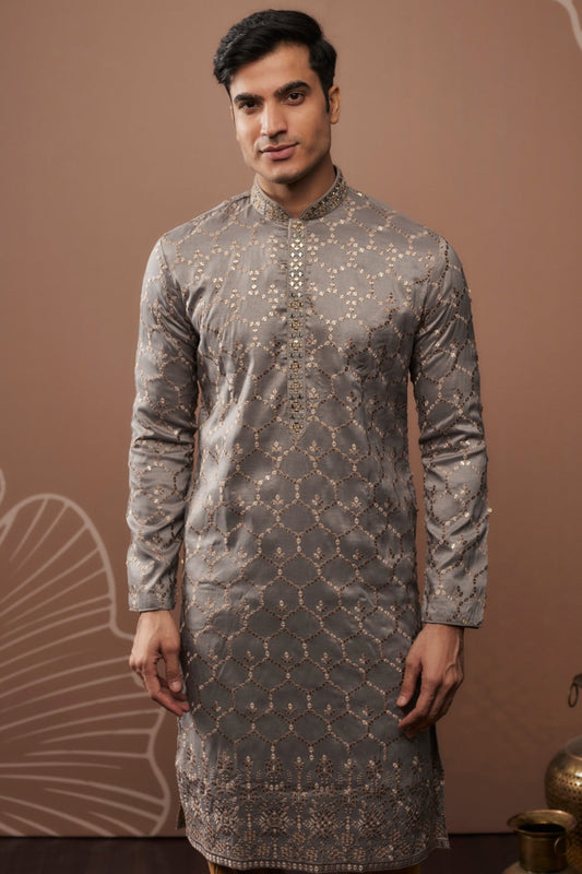 Grey silk kurta set with hand and machine work