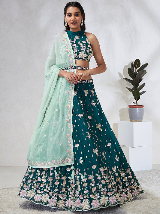 Green Georgette Sequins and thread embroidery Lehenga