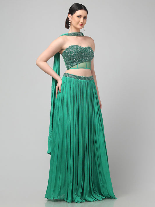 Emerald Green Corset Pure Chinnon Cutdana & Sequence Hand Work Party Wear pleated Skirt & Dupatta
