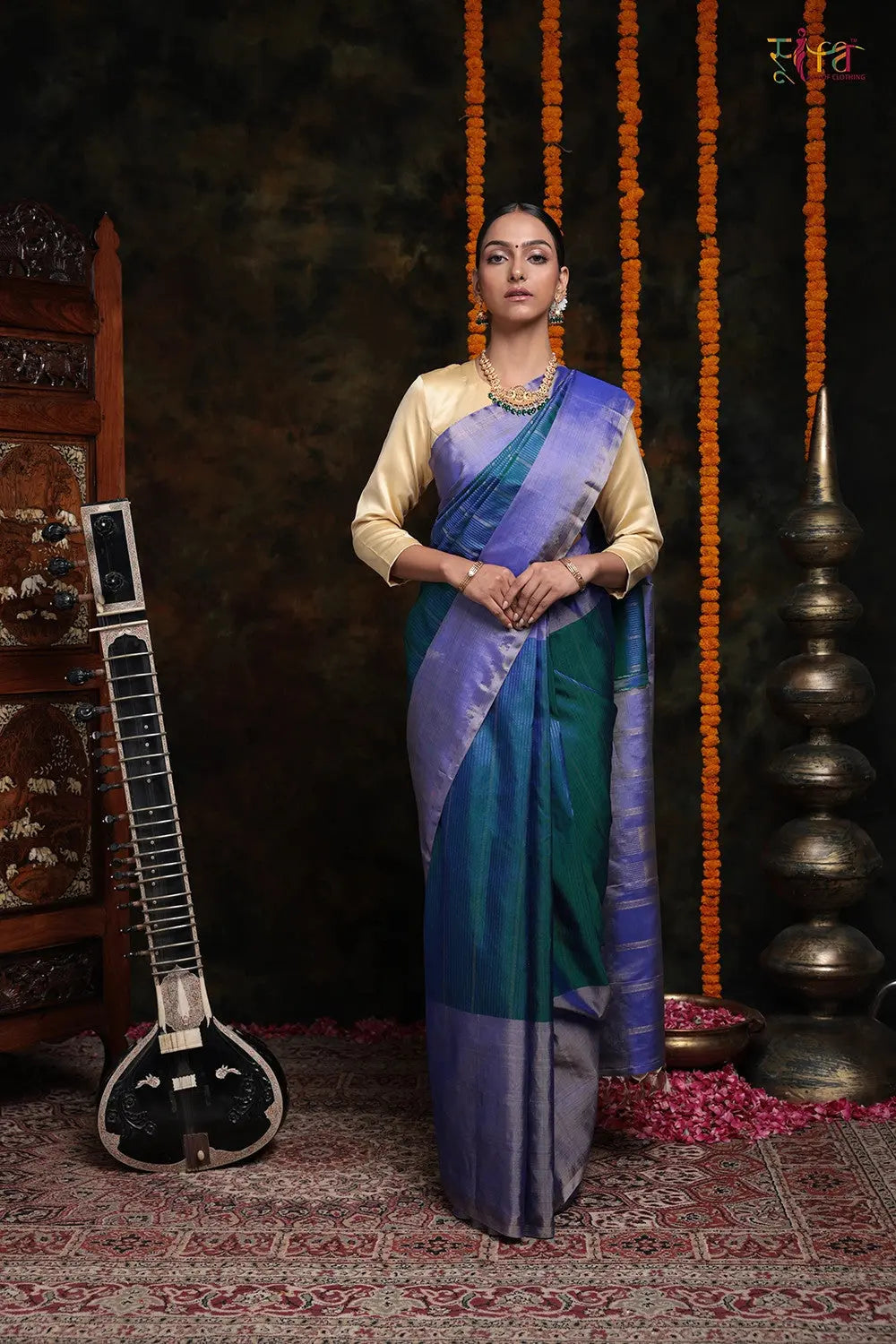 Handloom Blue Duo-Tone Pure Kanchipattu Saree With Horizontal Zari Stripes