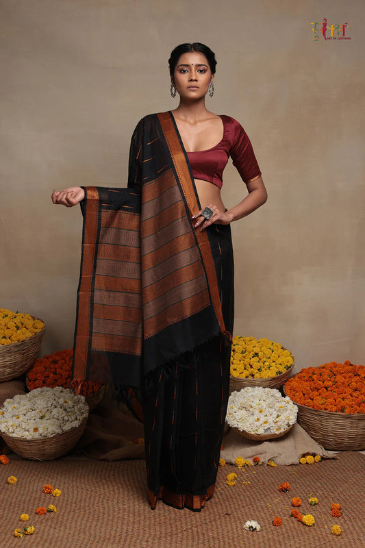 Handloom Black Pure Cotton Kanchi Contemporary saree