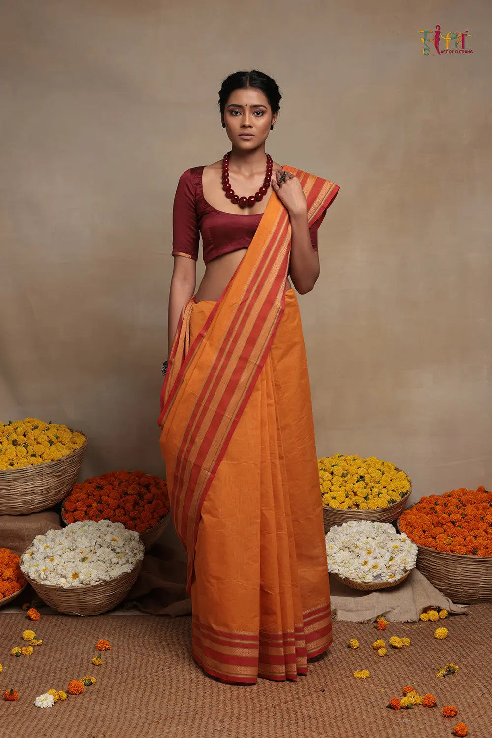 Handloom Atomic Orange Pure Cotton Kanchi  Saree