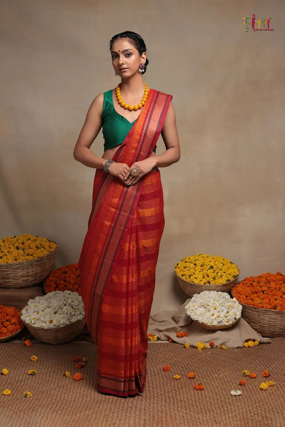 Handloom Orange & Red Pure Cotton Kanchi Saree