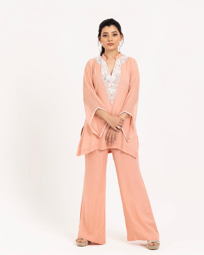 Peach and Pearl Work Georgette Festive coord set