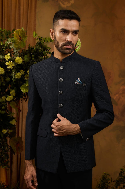 Blue silk jodhpuri with silver thread work