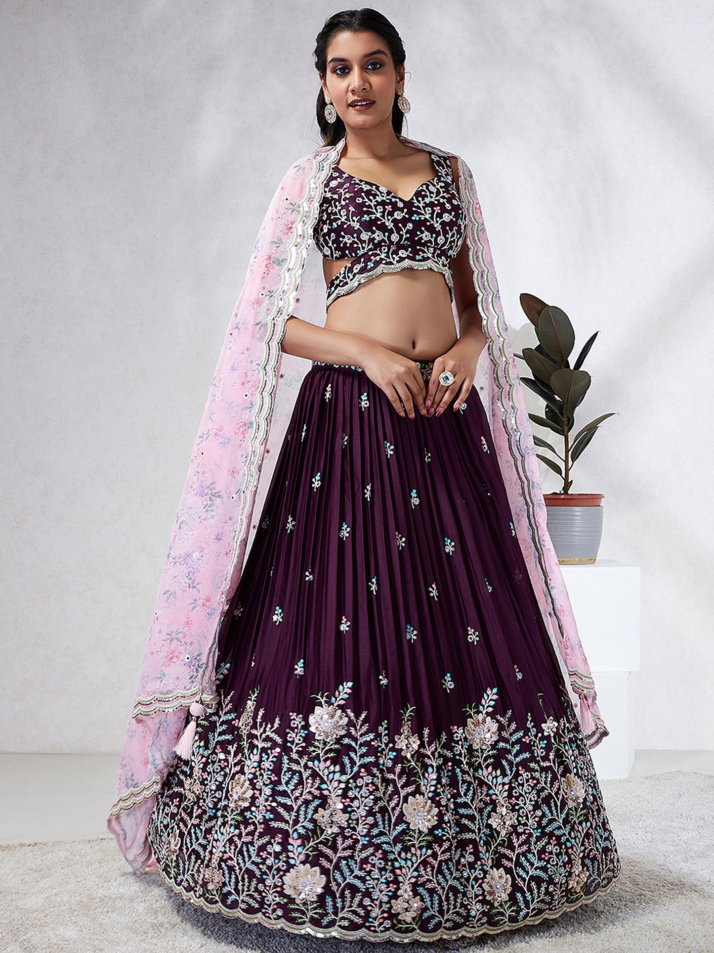 Burgundy Georgette Sequins, Mirror and thread embroidery Lehenga