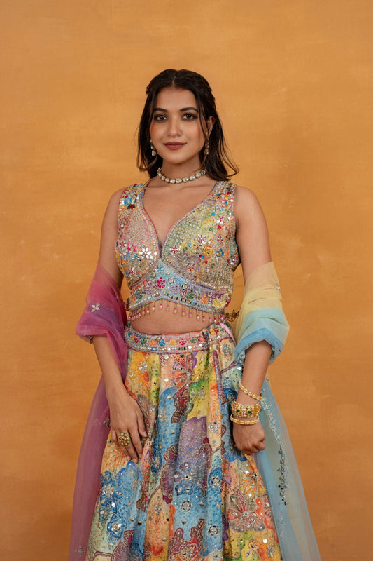 Multicolour printed silk lehenga choli with mirror, foil, sequins and bead work