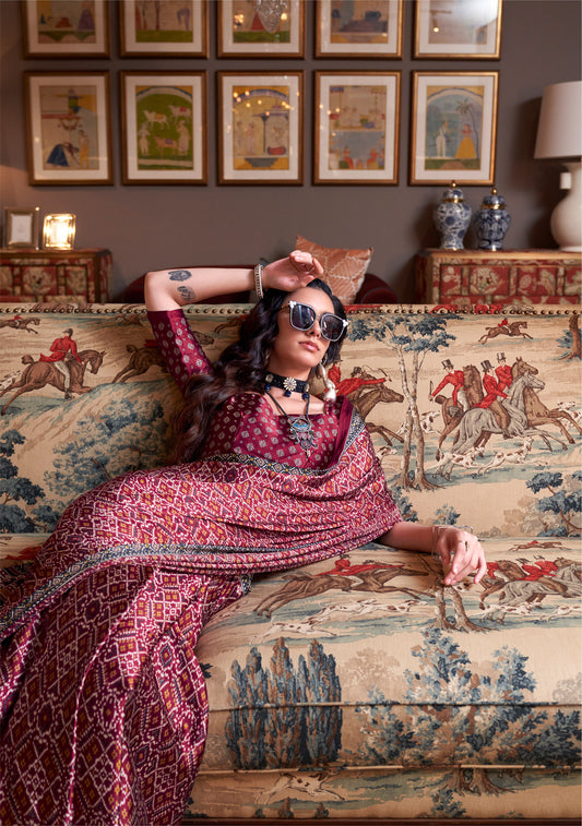 Red Konzai Satin Crape Saree With Digital Patola Prints