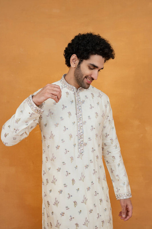 Off-White silk kurta set with resham embroidery and stone work