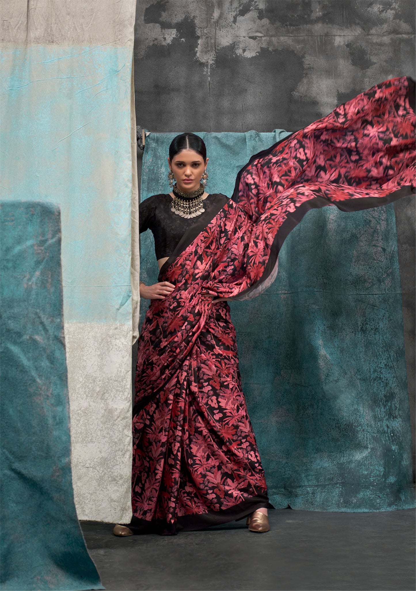 Deep Red Kernia's Printed Pure Silk Crepe Saree