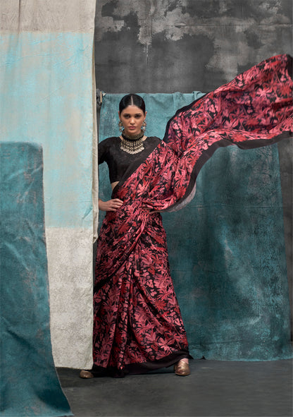 Deep Red Kernia's Printed Pure Silk Crepe Saree