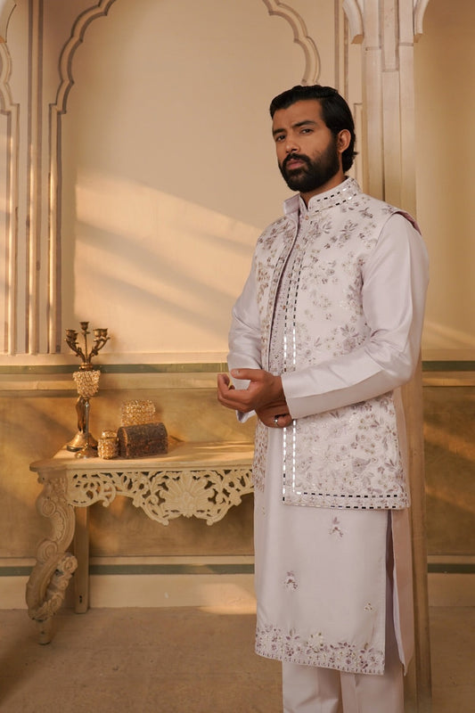 White Splendid Silk Mirror Embroidered Koti Kurta Set