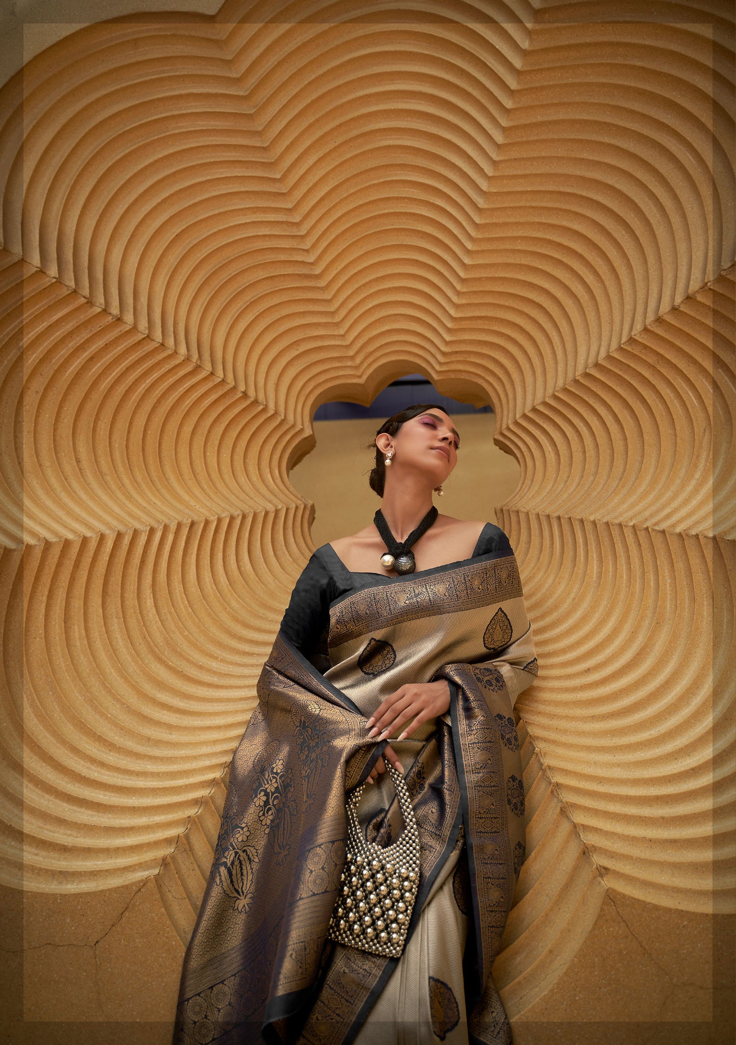 Copper Black Korvai Silk Nylon Two Tone Handloom Saree