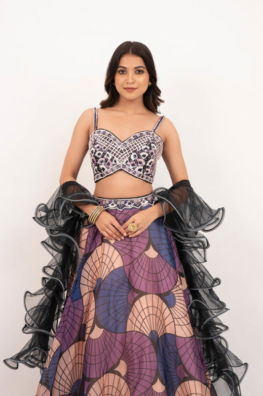 Multicolour organza lehenga choli with sequins, hand cut dana and stone work