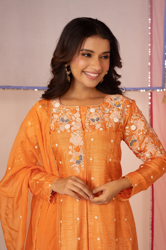 Orange satin silk salwar suit