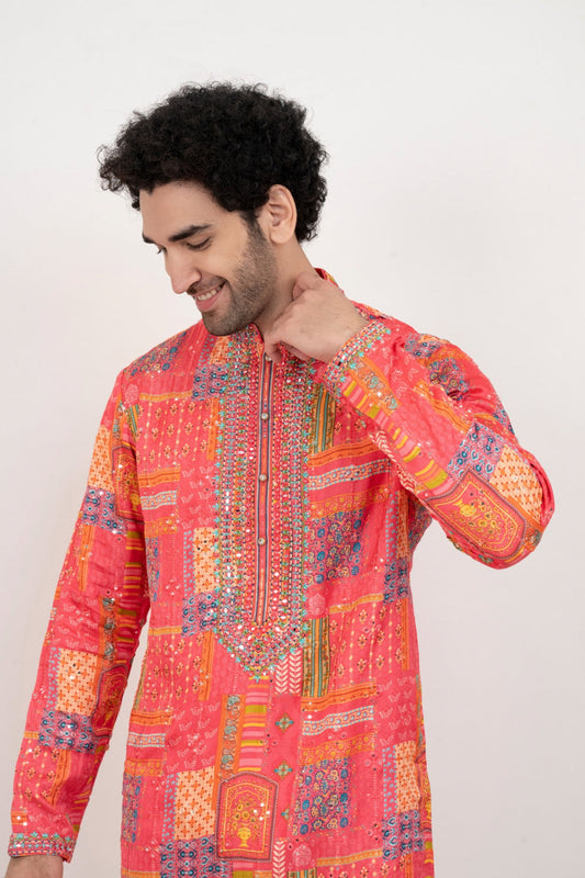 Salmon pink resham embroidered satin lenin kurta set with kasab and mirror work