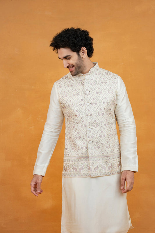 Cream silk koti set with pastel thread embroidery