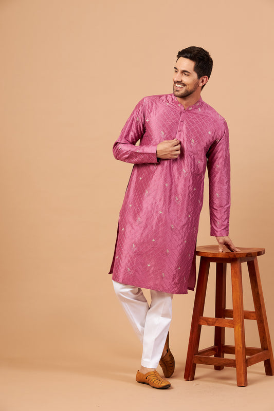 Purple & Pink Dupion Silk Machine Embroidered Festive ( only Kurta )
