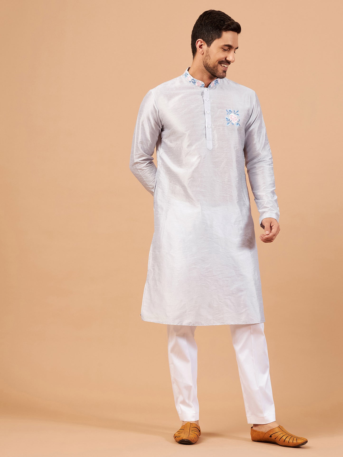 Cadet Grey Semi Raw Silk Thread Embroidered ( only Kurta )