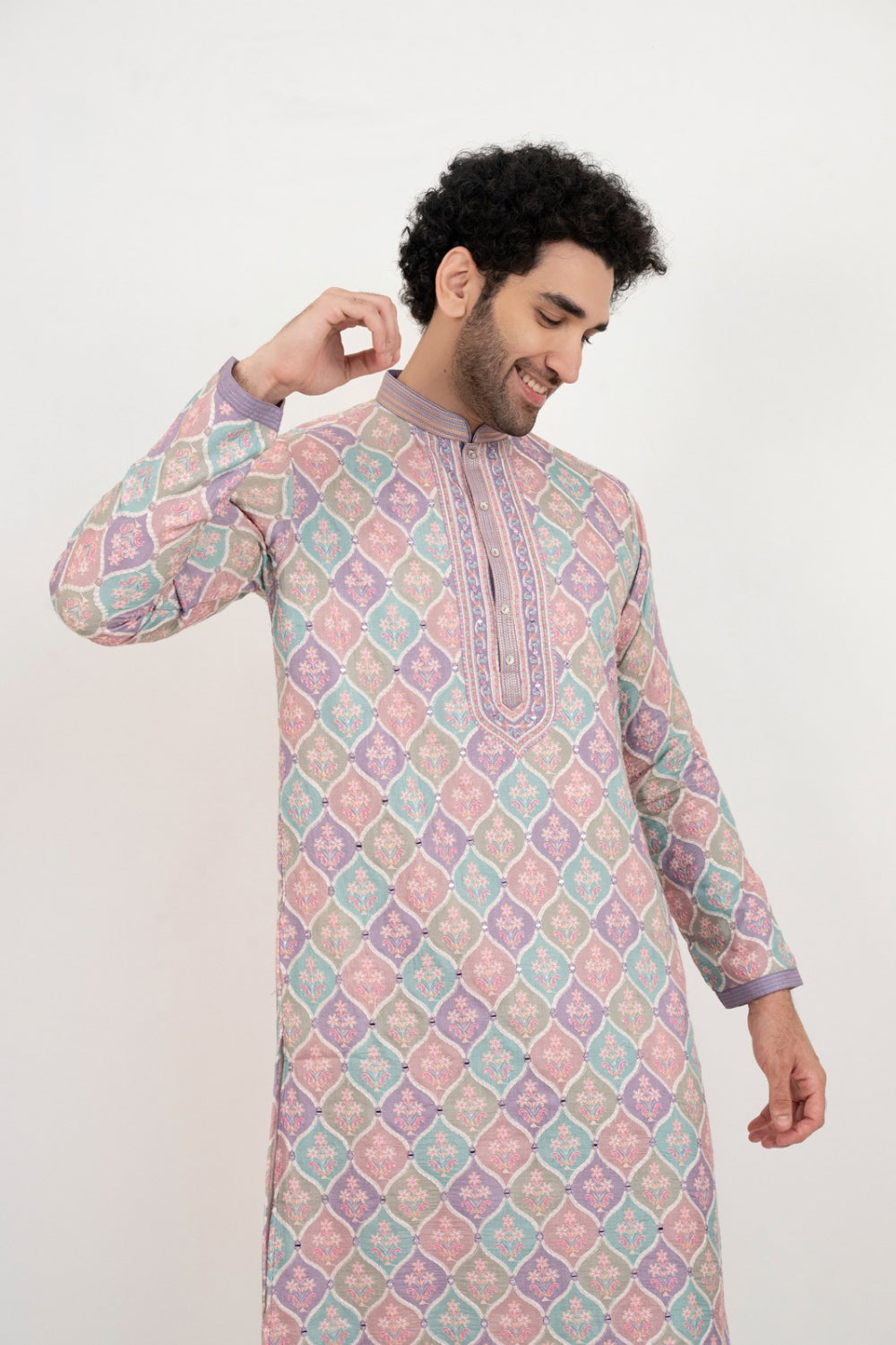 Multicolour lucknowi position print kurta set with mirror and thread work on yoke