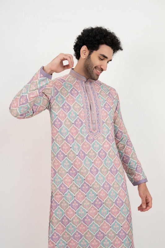 Multicolour lucknowi position print kurta set with mirror and thread work on yoke