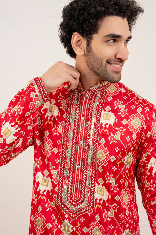 Bright red resham embroidered satin linen kurta set with kasab and mirror work