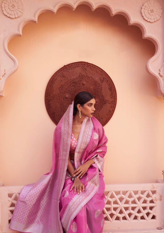 Pink Kavni Linen Woven Saree