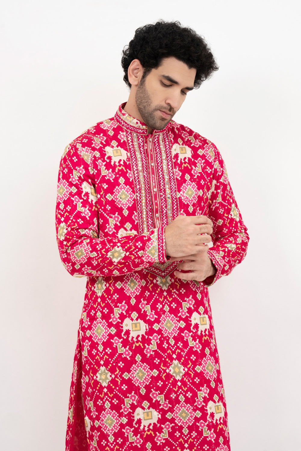 Fuchsia pink resham embroidered satin linen kurta set with kasab and mirror work