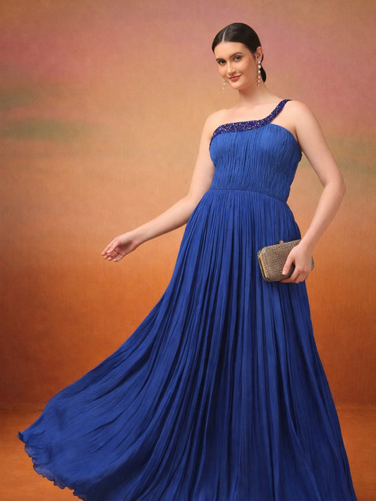 Blue One-Shoulder Pure Chinnon Party Wear Pleated Gown