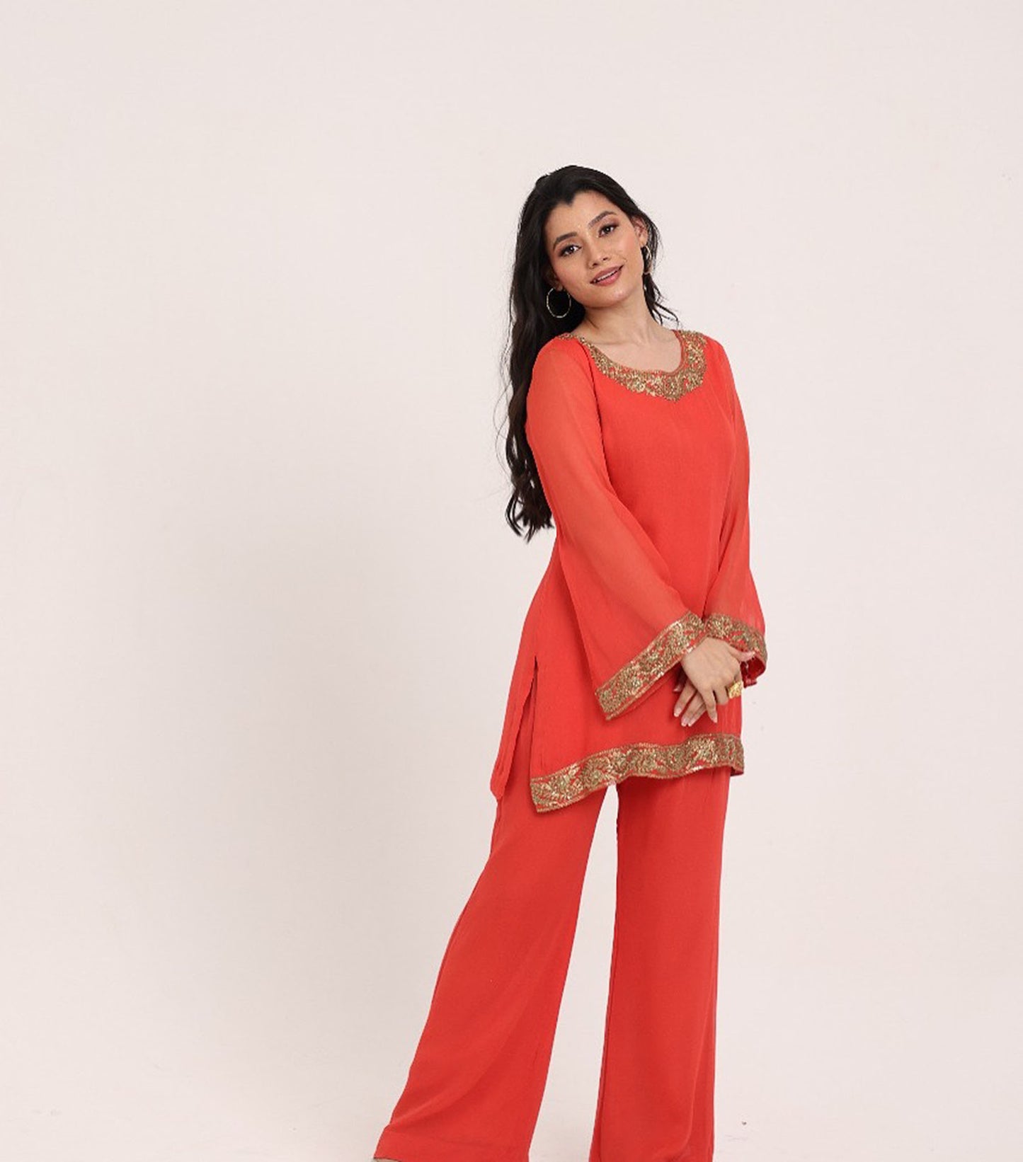 Rust Orange Georgette Zari Embroidered Festive coord set