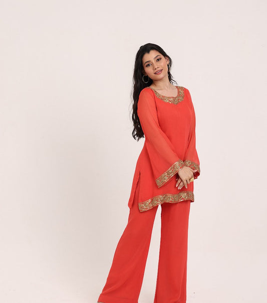 Rust Orange Georgette Zari Embroidered Festive coord set