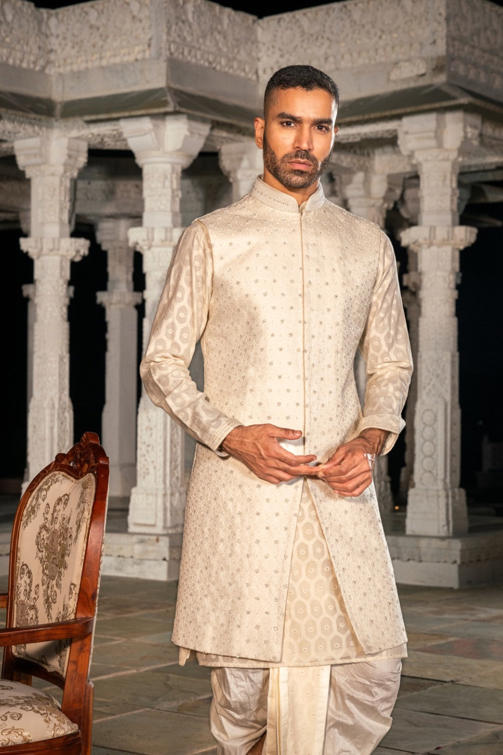 Cream silk Indo-Western Set with Machine & Sequence Work