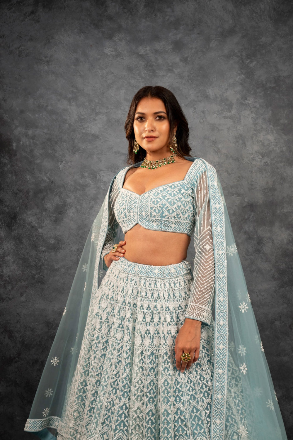 Powder blue net lehenga choli with sequins work, cut dana work and pearls