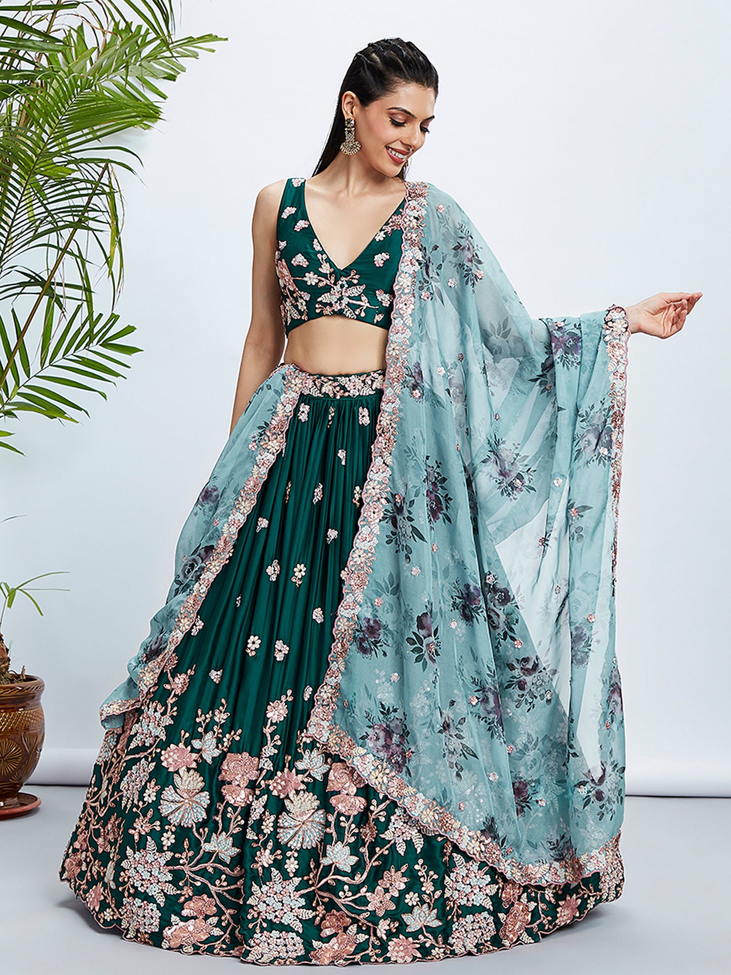Green Pure Georgette Sequins and thread embroidery Lehenga