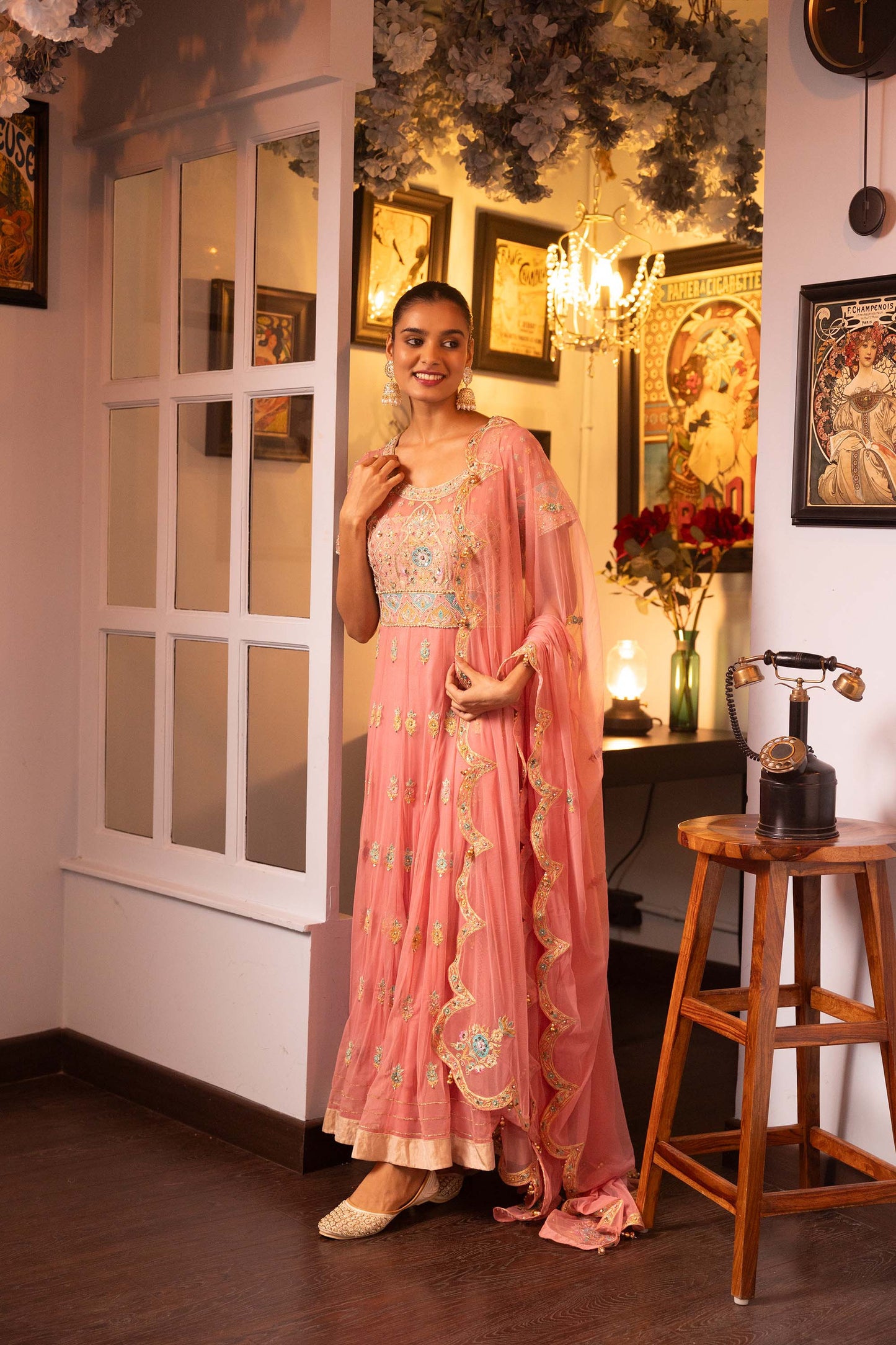 Pietra Dura Pink Net Machine Embroidered Bridesmaid Anarkali
