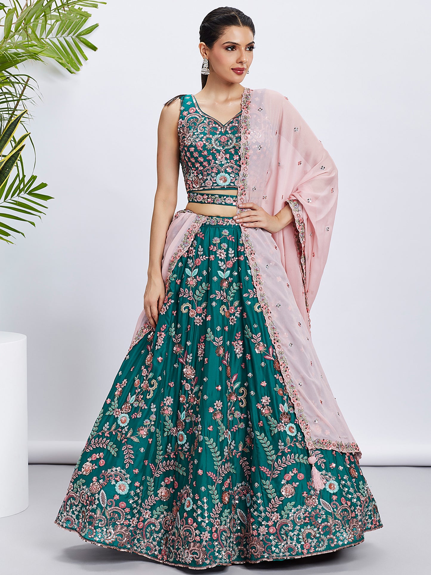 Green Pure Georgette Sequins and thread embroidery Lehenga choli