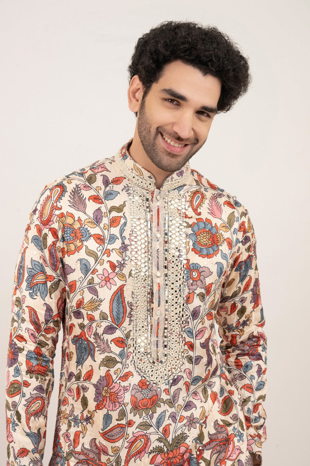 Multicolour resham embroidered satin lenin kurta set with kasab and mirror work