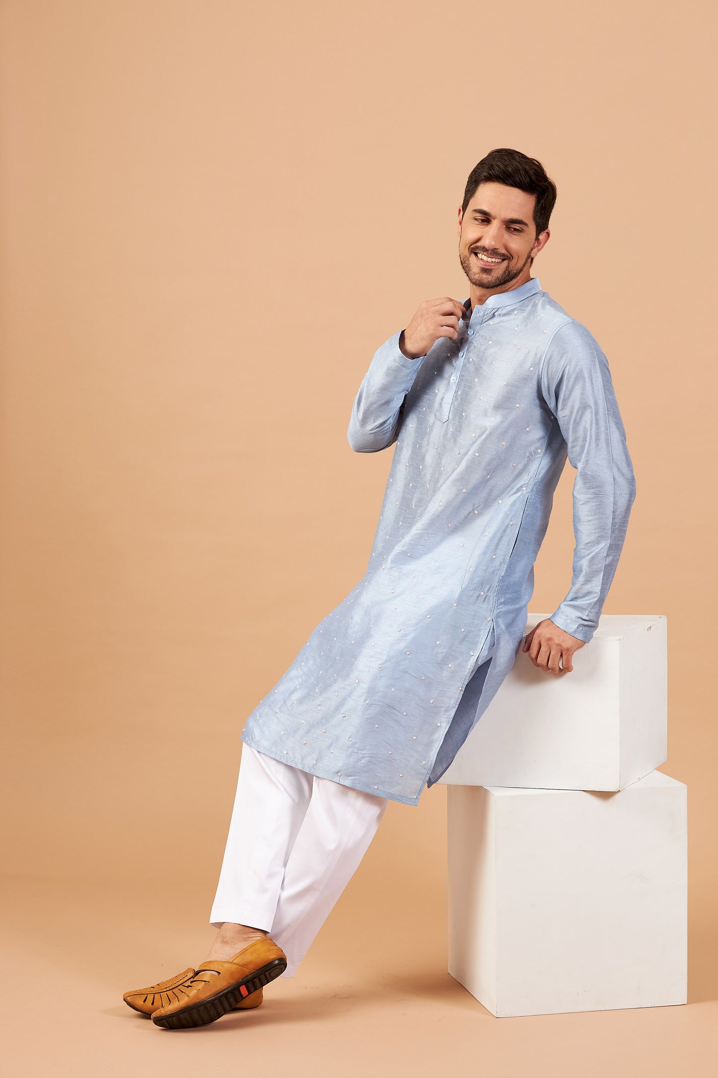 Sky Blue Semi Raw Silk Machine Embroidered Festive ( only Kurta )
